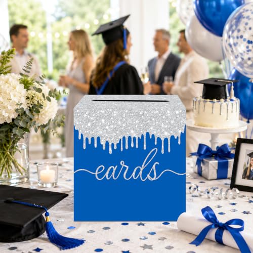 Image of Blue Silver Card Box with Slot for Graduation, Wedding and Birthday Party