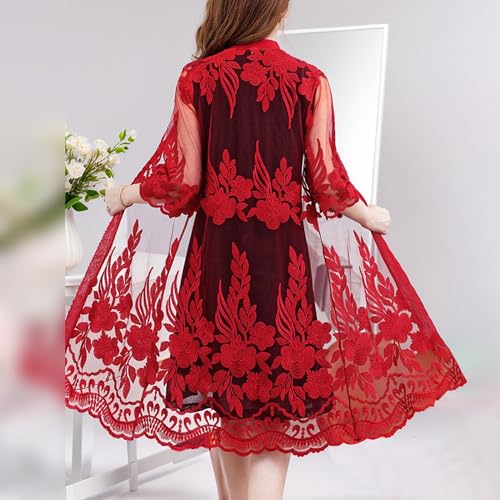 Image of FindThy Women's Floral Lace Embroidery Cardigan 3 /4 Sleeve Sheer Mid-Long Coat Kimono Coverups