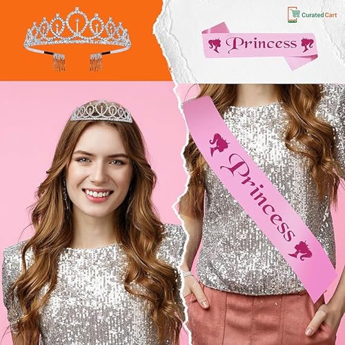 Image of Curated Cart Birthday Crown and Sash for Women Birthday Girl Sash & Rhinestone Tiara Set - Birthday Decorations Birthday Girl Crowns Tiaras for Women