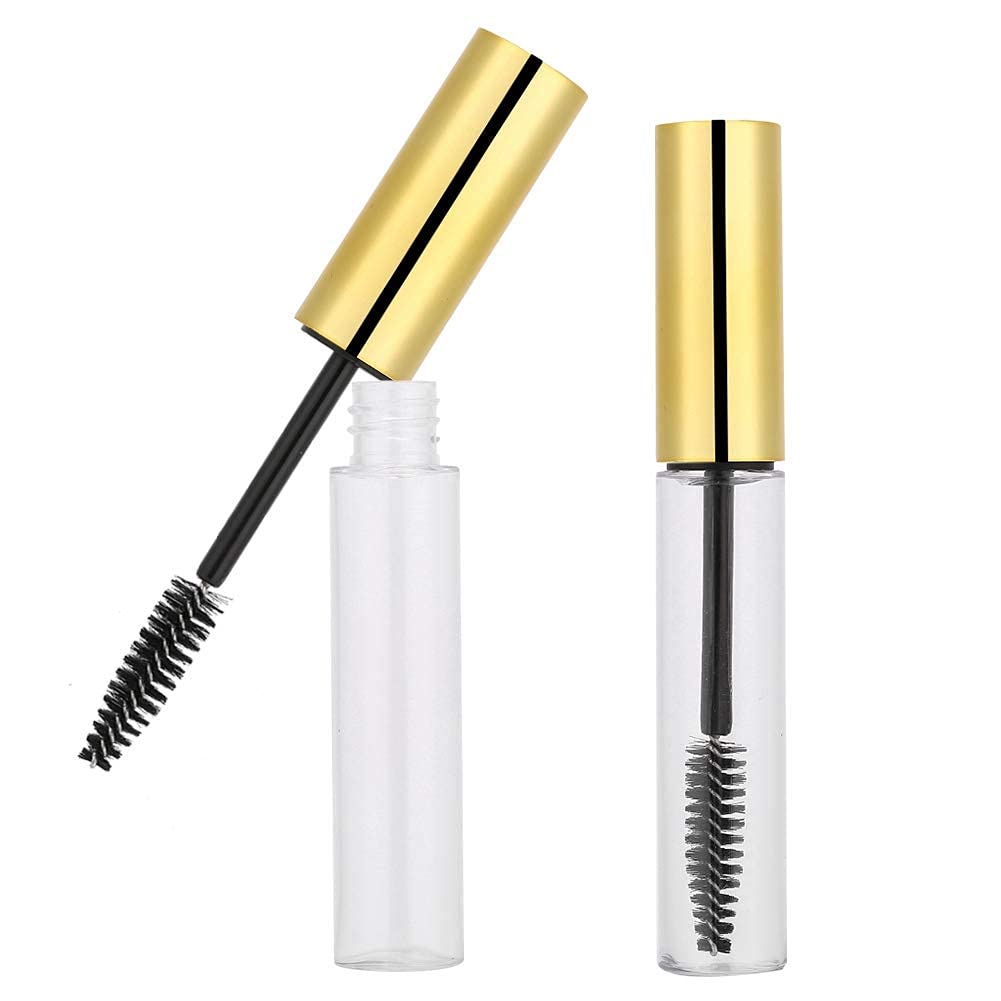 RAJry 2 Pcs 10ml Empty Mascara Tubes Wand Portable Cream Container Bottle Ideal Kit for DIY Cosmetics Castor Oil Travel with 2 Rubber Inserts with 1 Pcs Funnel (Gold)