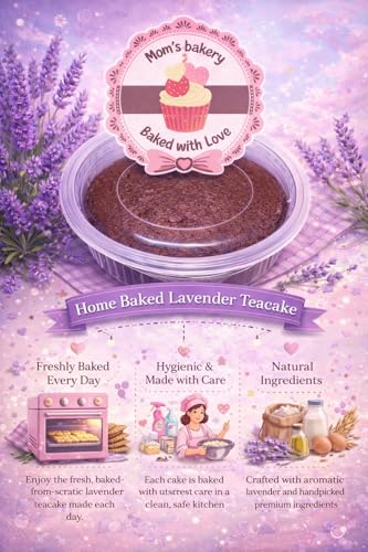 Image of MOM'S BAKERY Lavender Cake 250g | Soft & Moist Lavender-Infused Sponge Cake | Added Sugar & Butter, Vegan, Freshly Baked Bakery Style Dessert | Made with Premium T45 Flour | Fresh Home Baked | No Egg, Vegetarian | Perfect for Tea Time & Snacking, Ready To Eat