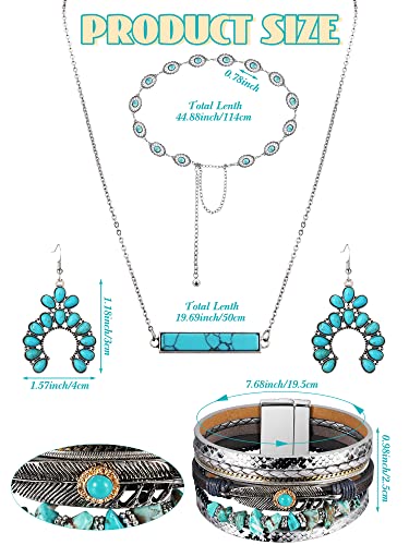 Nosiny 4 Pcs Bohemian Jewelry Turquoise Set for Women Western Turquoise Set Waist Belt Vintage Drop Earring and Necklace Boho Wrap Bracelet3