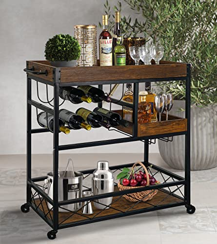 Ohsuaniy Bar Cart Industrial Kitchen Serving Carts For Home 3 Tier Storage Trolley With Wine Rack Glasses Holder Two Portable Trays Universal Casters With Brakes Rustic Rolling Cart Alcoholic Beverage #TOP7
