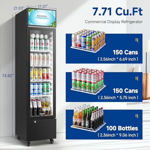 Image of BODEGACOOLER Commercial Refrigerators, Drink Fridge with Glass Door, Tall Beverage Cooler, Single Door Display Refrigerator, for Beer, Soda, 7.71 Cu.ft Capacity