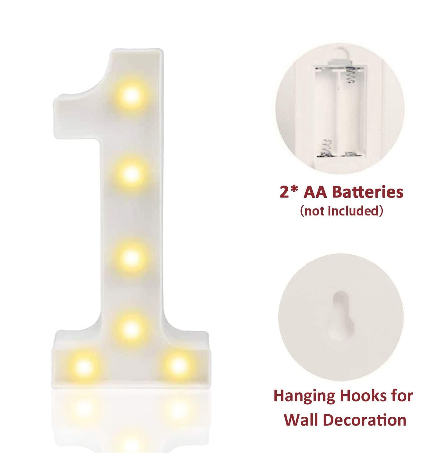 8.8" Decorative LED Light Up Numbers, Marquee Numbers Lights for 1st Birthday Decorations, Lighted Number Sign for Birthday Party Night Lights Wedding Anniversary Home Wall Decor, White Number 1 — view 4