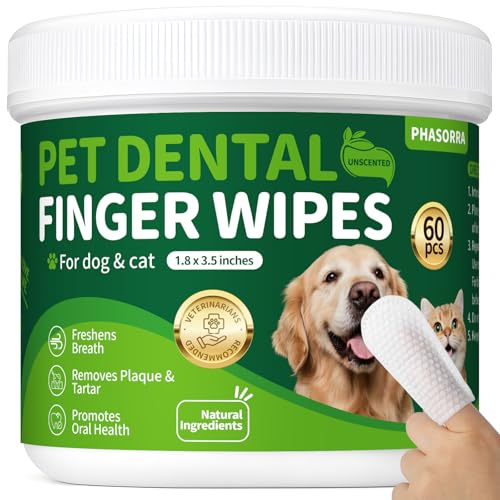 PHASORRA Dog Dental Care Wipes - 60Ct Tooth Brushing kit, Heavy Duty Teeth Cleaning for Dogs & Cats, Remove Tartar & Plaque, Dog Breath Freshener, Dog Toothbrush & Toothpaste Alternatives