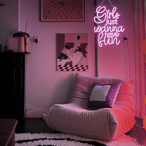 Image of Girls Just Wanna Have Fun Neon Sign 80's Party Decoration Retro Pink LED Neon Light Sleepover Party Girl Neon Signs for Wall Decor,for Bedroom Wedding Christmas Birthday