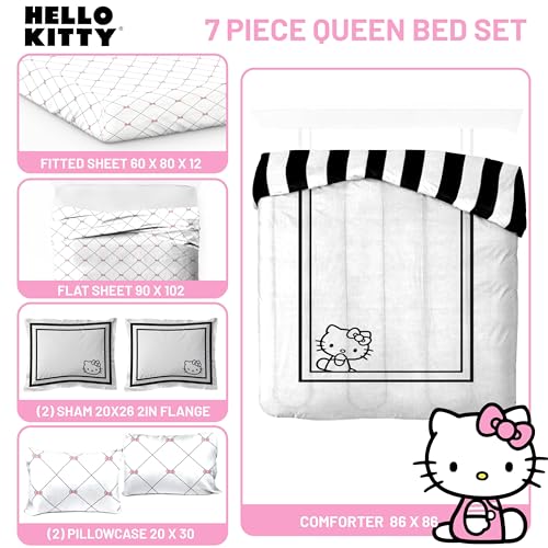 Image of Sanrio Hello Kitty Queen Comforter Set 7 Piece Bedding for Girls, White