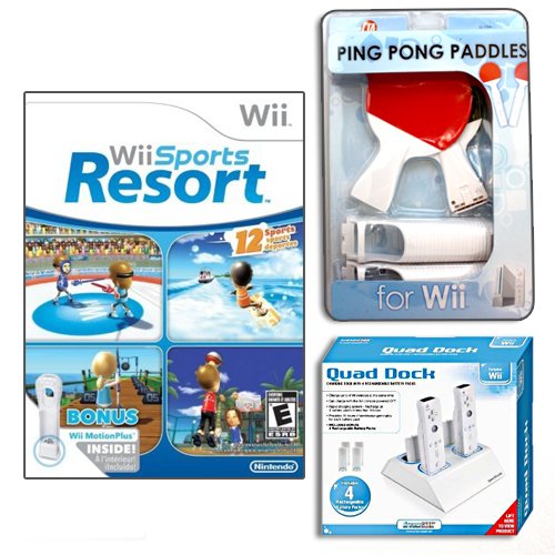 Wii Sports Resort + Ping Pong Paddles for Wii Gaming Combo + Wii Quad Dock