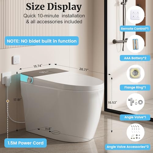 Image of Smart Toilet with Elongated Heated Seat, Auto Flush, Manual Soft-Close Seat & Lid, Night Light, Tankless Electric Toilets for Bathroom with Siphon Dual Flush 0.8 /1.2 GPF, MAP 1000g