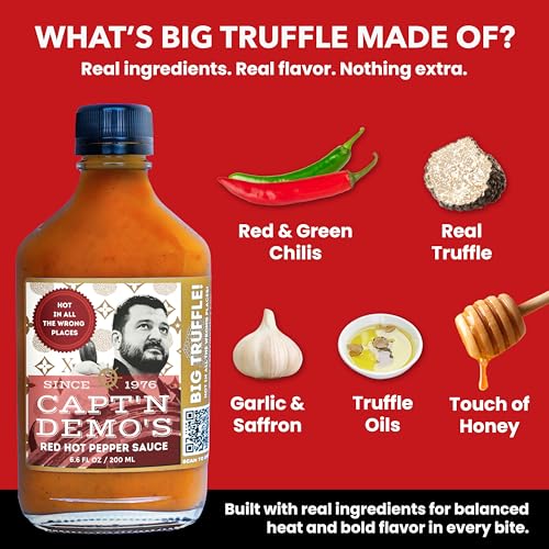 Image of CAPT'N DEMO'S Truffle Hot Sauce BIG TRUFFLE FLASK - Gourmet Red Sauce with Real White & Black Truffle - Hot Honey Garlic Blend - Small Batch Luxury Hot Sauce Gift Set - (2 Pack - BIG Travel Bottle)
