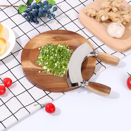 Cuchillo Mezzaluna de Madera y Acero Inoxidable con Base, Cortadora Rocker 2 Piezas para Hierbas y Ensaladas miniatura 6