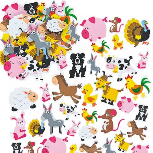 Baker Ross EV3104 Pegatinas de Espuma Impresa con Forma de Animales de Granja (Paquete de 96) Para decorar tarjetas y manualidades infantiles