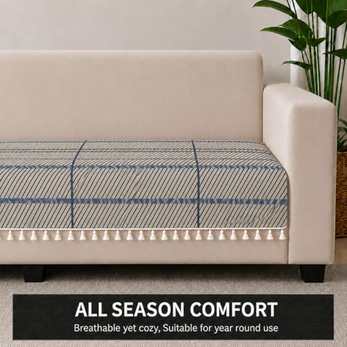 Image of STITCHNEST 'Frostvine Collection' 2 Seater Sofa Cover| Cotton Quilted Fabric, Decorative Tassels, Washable & Durable for Modern Living