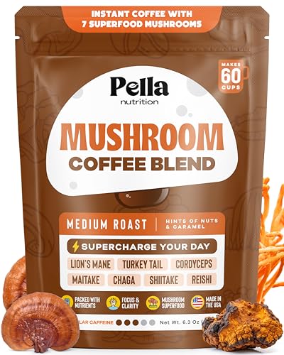 Pella Nutrition Mushroom Coffee – Lions Mane, Reishi, Chaga, Cordyceps, Shiitake, Maitake, and Turkey Tail Mushroom Supplement – Superfood Instant Coffee for Focus & Energy (Regular Caffeine, 60 Cups)