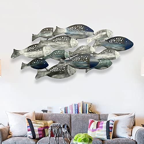 Miniatura 5 de SUN RDPP Decoración artística de pared de peces de metal, gran decoración de pared de peces costeros de metal para decoración de pared para sala de