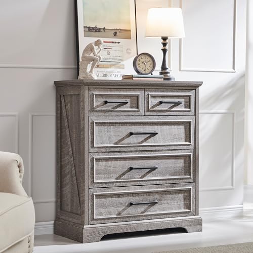 Farmhouse-5-Drawer-Dresser-for-Bedroom-36-Inch-Tall-Modern-Dresser-Chest-of-Drawers-Rustic-Wood-Storgae-Organizer-with-Large-Drawers-Bar-Handles-for-Bedroom-Living-Room-Hallway-Grey Farmhouse 5 Drawer Dresser for Bedroom 36 Inch Tall Modern Dresser Chest of Drawers Rustic Wood Storgae Organizer with Large Drawers Bar Handles for Bedroom Living Room Hallway Grey
