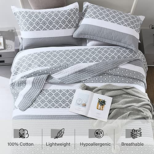 Perhom King Quilt Sets 100% Cotton King Size Quilt, Bluish Gray Stripe Quilt Floral Bedspread, Lightweight King Quilt Bedding Sets For All Season, 3 Pieces #TOP3