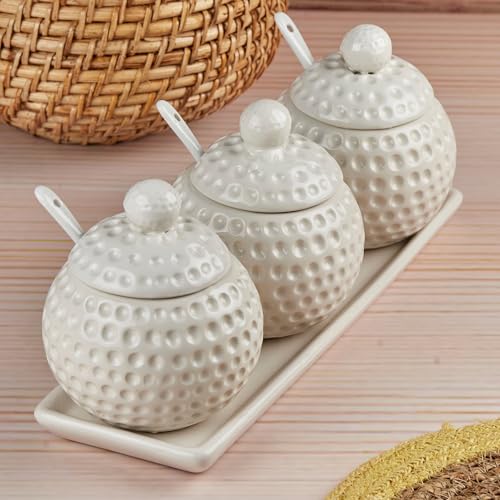 Image of Kookee Ceramic Condiment Jars and Containers Set of 3 with Tray and Spoon for Kitchen Food Storage, Used for Spices, Sauce Servers, Pickle, Vinegar, Sugar (280ml each), White (10681)