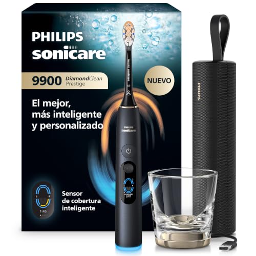 Philips Sonicare Next-Generation DiamondClean 9900 Prestige Cepillo de dientes eléctrico - con SenseIQ, Smart Coverage Feedback, Smart Pressure Feedback y 24 ajustes, negro cuarzo, HX9813/92