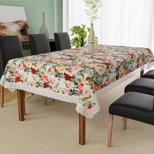 Image of Kuber Industries 60x90 Inch PVC Dining Table Cover 6 Seater Waterproof | Indoor and Outdoor Dining Table Cover /Sheet for Party and Events | Rose Design - White