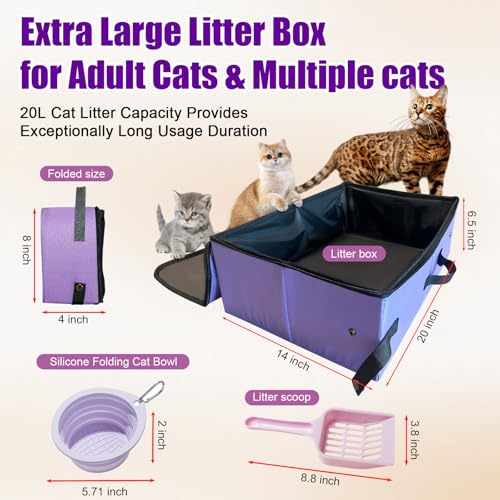 Image of Large Portable Cat Travel Litter Box with Lid,Silicone Folding Bowl & Little Scooper, Leak-Proof and Foldable Travel Cat Litter Box for Hotels, Car and Camping, Odor-Free & Waterproof, 20x14x6.5''
