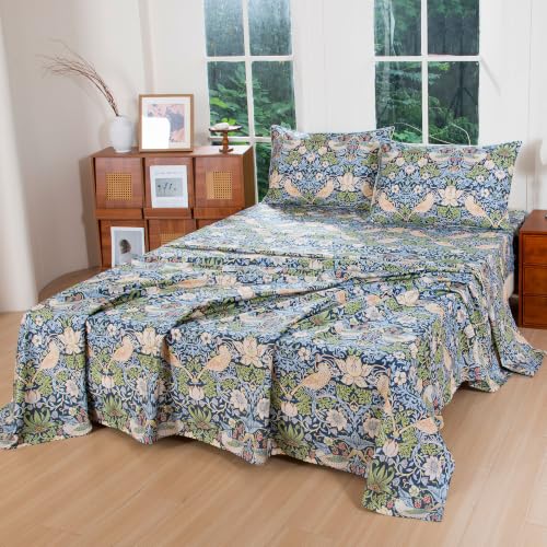 Image of FADFAY King 100% Egyptian Cotton Sheets Set 4 Piece, Vintage Botanical Floral Bird Print, Luxury Soft Breathable Cooling Deep Pocket Bed Sheets, Hotel Quality Bedding for Hot Sleepers All Season
