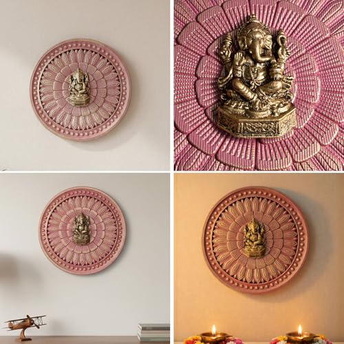 Image of Art Street Ganesha Wall Plaque with Floral Design, MDF Round Plaque, Pink & Gold Decor, Laser-Cut Lord Ganesha Idol for Pooja Room, Living Room, or Office, Religious Wall Hanging, 30x30 cm