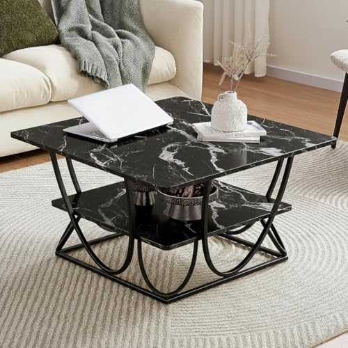 Image of Round Storage Coffee Table Contemporary Coffee Table for Living Room Wood Top with Metal Frame (SQ Black Black)