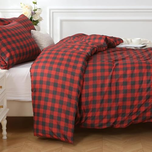 MUXHOMO Duvet Cover Queen Size Floral Duvet Cover Set with Zipper Closure, Red Plaid Bedding Set, 3 Pieces, 1 Duvet Cover 90"x90" with 4 Corner Ties and 2 Pillowcases 20"x30"