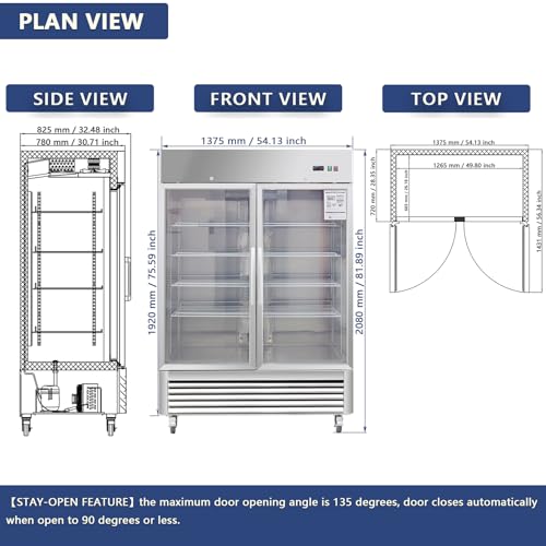 Image of 54 inch Commercial Refrigerators with 2 Glass Door, 42.2 Cu.ft. Reach-in Commercial Fridge, Commercial Fridge with Fan Cooling, Digital Temperature Display, ETL Certified for Restaurant, Bar
