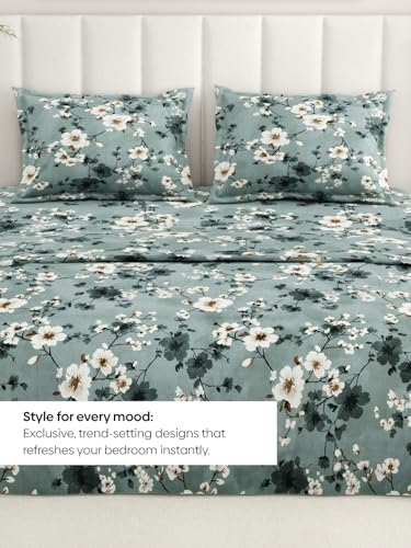 Image of Rivermoor 200 TC Ultrasoft Bedsheet for Double Bed | Queen Size Bed Sheet with 2 Pillow Covers | Green Floral Print | 88 x 96 Inches | Breathable & Hypoallergenic