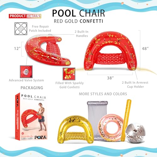 Image of POZA Inflatable Pool Float Chair - Luxurious Lounger Filled with Sparkle Confetti, 2 Built in Cup Holders & Handles, Water Floating Chair for Beach, Lake & Swimming Pool - 48 x 38 Inch