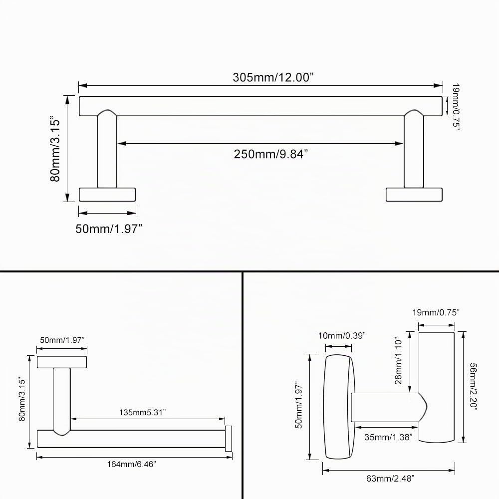 30 cm Toallero Portarrollos para Papel Higiénico Gancho de Pared, Accesorios de Baño de Acero Inoxidable, Oro Cepillado (3 Piezas)