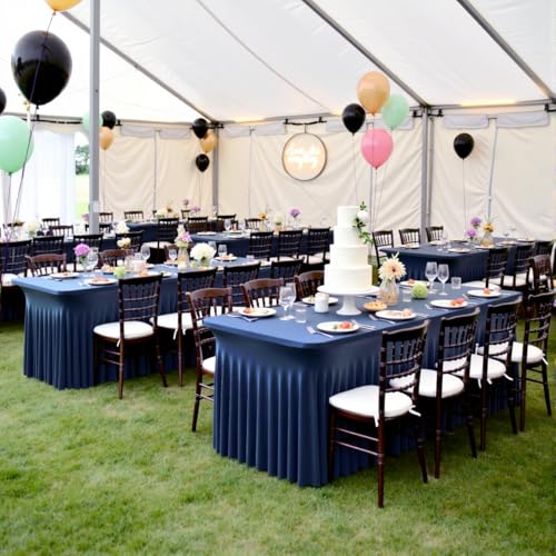 Image of 3 Packs Navy Blue Spandex Tablecloths for 6 Foot Rectangle Tables, Stretchy Fitted 6FT Blue Table Skirt for Wedding Party, Wrinkle Free Tablecloths for Banquet Wedding Birthday Party