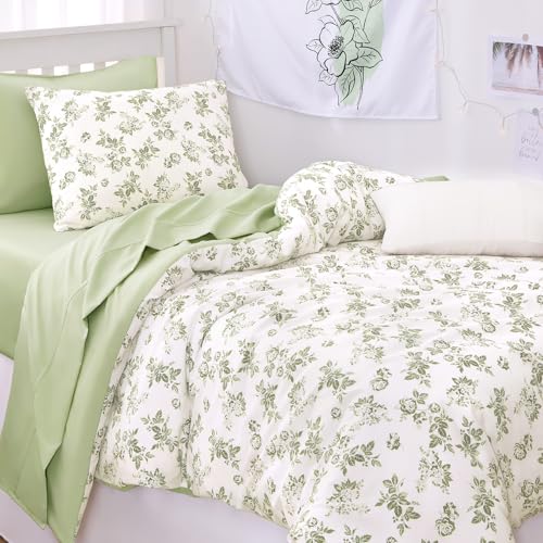 Image of Wake In Cloud - Cottagecore Comforter Set, Floral Vintage Flower Shabby Chic Coquette Aesthetic for Women Teen Girls, Soft Lightweight Dorm Bedding, 3 Pieces, Sage Green, Twin /Twin XL Size