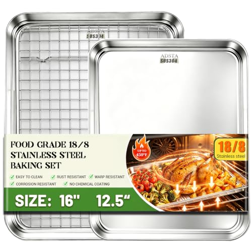 ADSTA 18/8 Stainless Steel Baking Sheet Set With Cooling Rack(2 Pan&1 Rack) | Food-Grade Uncoated Cookie Sheets,PFOA & PTFE Free, Warp Resistant, Corrosion Resistant, Easy To Clean,For Baking and Cooking