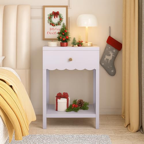 MPOLL 17' Scalloped-Edge Bedside Stand, Nightstand with Drawer, Accent Table for Bedroom with Open Shelf, Light Purple,Lilac