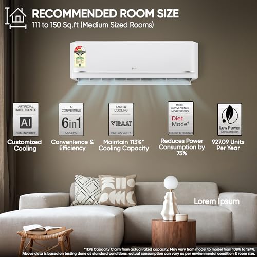 Image of LG 1.5 Ton 3 Star,New star rated, Dual Inverter Split AC (Copper, AI Convertible 6-in-1, Faster Cooling & Energy Saving, Diet Mode+, HD Filter with Anti-Virus Protection, Him Clean, AS-Q19MNXE, White)