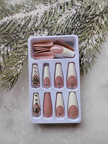 French Tip Press On Nails Long Fake Nails Diamonds Glue On Nails Square Design Acrylic False Nails Coffin Stick On Nails For Women Or Girl Manicure Decorations, 24Pcs #TOP4