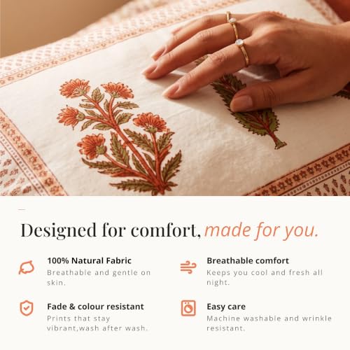 Image of Naksh King Size Bed Sheet Orange Floral Print 2 Pillow Covers | Orange Botanical Floral Print | Heritage Design for King Size Bedrooms