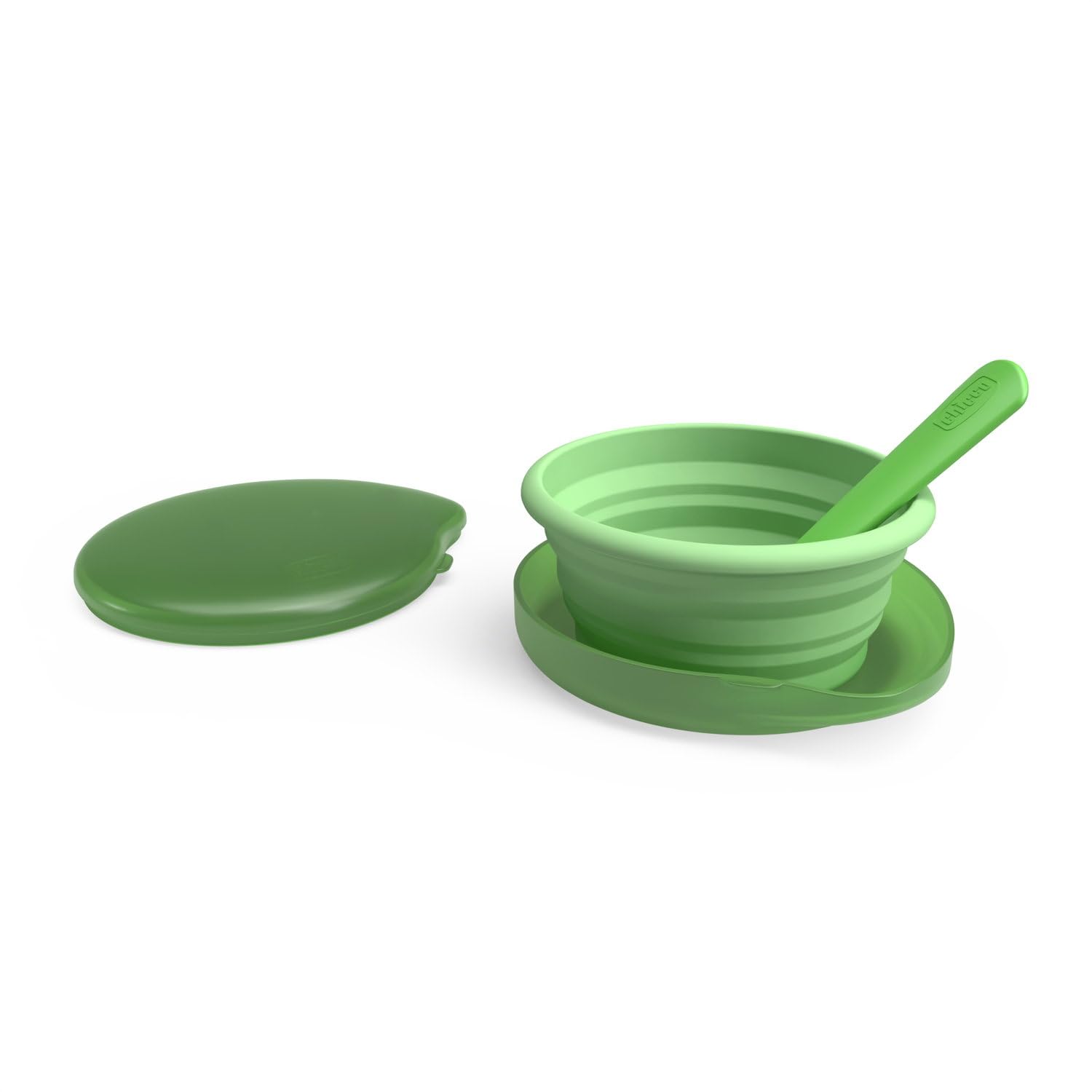Chicco Set de Comida de Viaje, Plato plegable de silicona de 250 ml, Cuchara práctica, Funda compacta, Ideal para viajar, Kit de comida portátil, Cómodo y fácil de transportar, 6 meses+, Verde