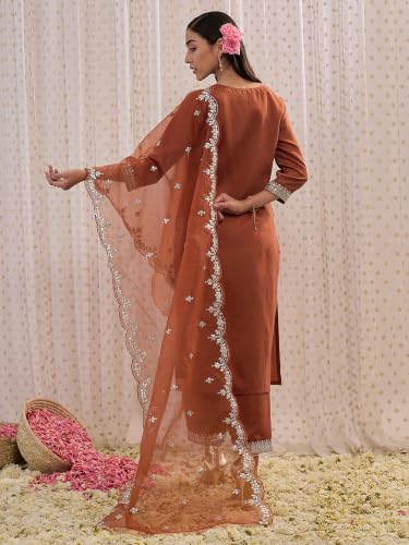 Image of INDO ERA Women's Silk Blend Embroidered Zari Work Straight Kurta & Pant Set | Cord Set For Women