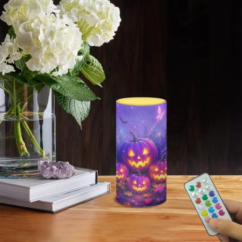 Image of Poceacles Halloween Flameless Light Candles Battery Operated Candles with Color Changing Timer Remote Control Tealights for Halloween Party Decor, Violet Pumpkin Butterfly Bat Print