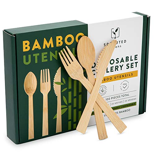 Disposable Bamboo Utensils, Pack of 100 - Durable Picnic Utensils Set - Disposable Bamboo cutlery set, 50 Forks, 25 Spoons, and 25 Knives - Camping Products and Party Eating Supplies, Wooden Utensils