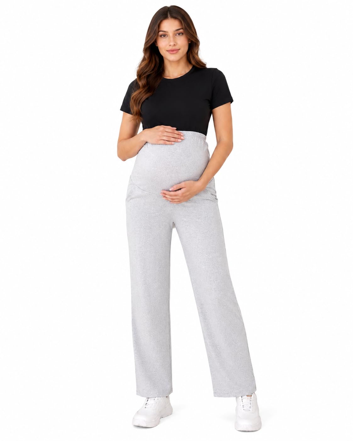 Women's Maternity Track Pants | Soft Cotton Pregnancy Pants with Over Belly Support | Stretchable Full Length Maternity Bottom Wear | Light Grey Melange-image-38