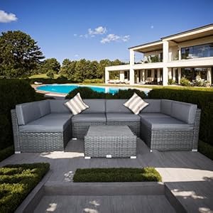 7 Piece Outdoor Patio Furniture Set with Cushions, PE Rattan Wicker Modular Outdoor Sectional L Shape Patio Conversation Sofa Set with Coffee Table, and Two Pillows (Light Gray/Gray)