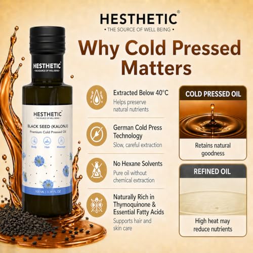 Image of HESTHETIC Cold Pressed Black Seed Oil 100ml for Hair, Skin & Scalp | Pure Kalonji (Nigella Sativa) Beauty Oil - Thymoquinone Rich | Glass Bottle | Pre-Wash Ritual & Facial Massage Use