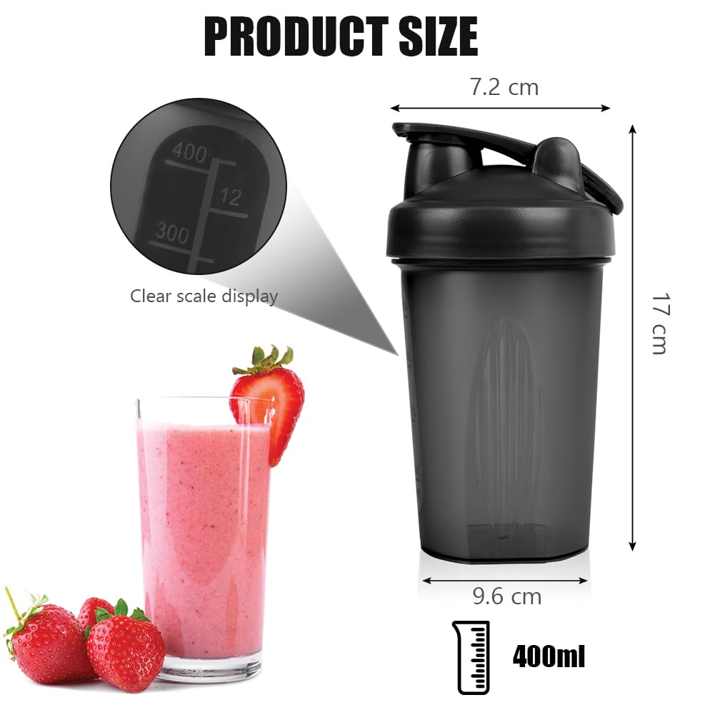 Protein Shaker, 2PCS Shaker Proteico 400 ML, Bottiglia per Shaker con Tappo a Vite e Sfera di Miscelazione, Borraccia Palestra a Prova di Perdite con Maniglia, per Frullati Proteici, Senza BPA