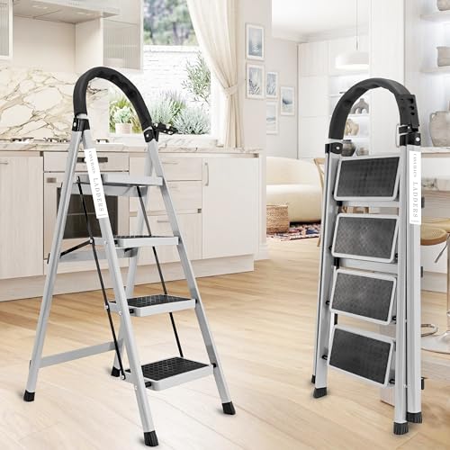 Image of White 4 Step Ladder for Home Use with Built-in Tool Tray | Heavy Duty D Shape Rods | Ultra Large Platform | Wide Rubber Feet | 150Kg Capacity Foldable Ladder - 7 Years Warranty